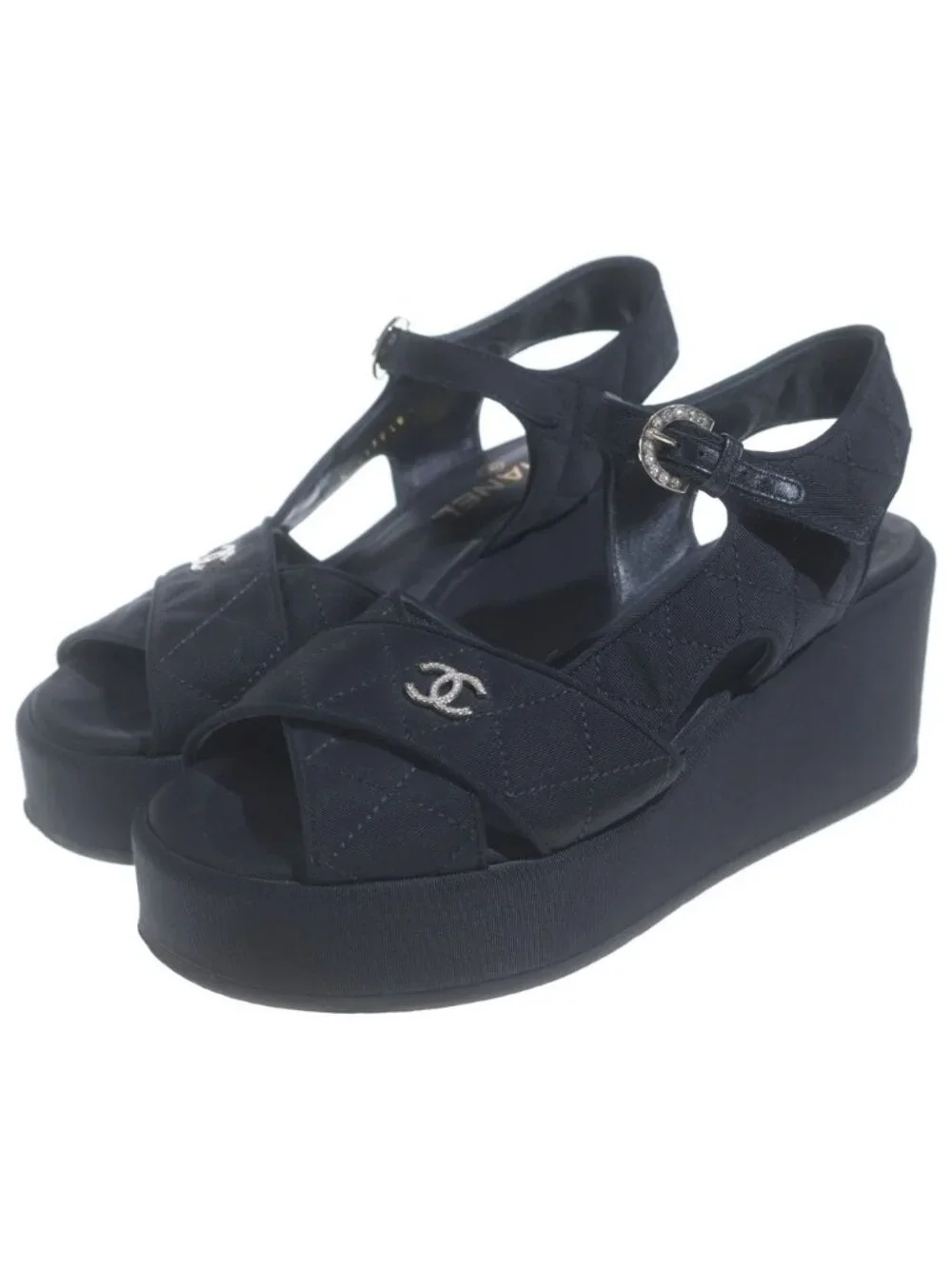 Chanel CC Logo Wedge Sole Sandals Thick Black
